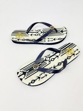 Tory Burch SEAFARER STRIPE Navy Blue White Gold Logo Nautical Thong Toe FlipFlop